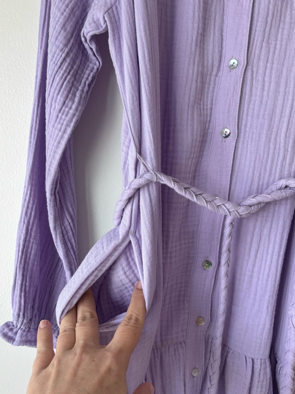 Magaschoni Soft Pastel Lavender Organic Cotton Gauze Shirt Dress XS Belted Midi - Picture 5 of 9